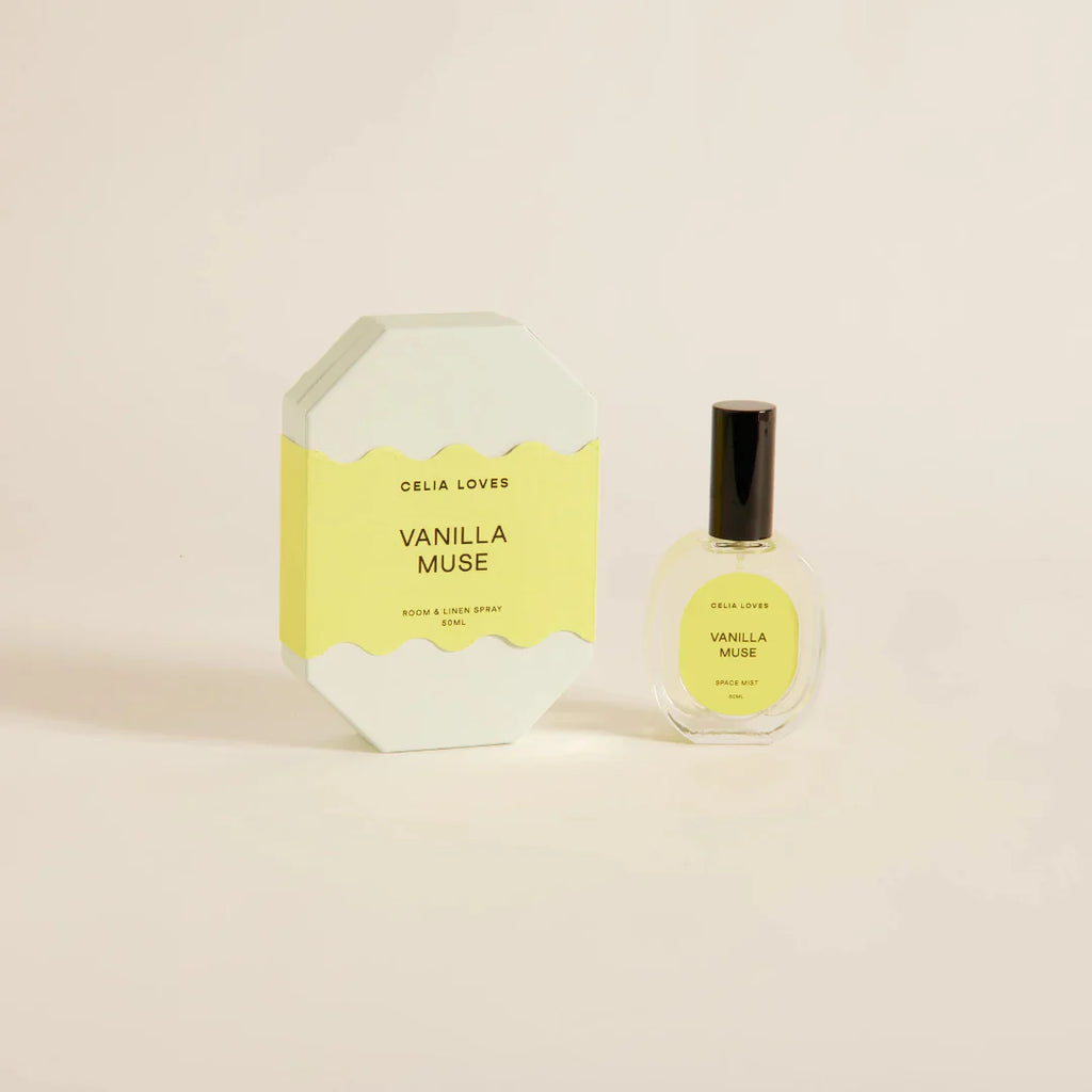 Oelia Loves Vanilla Muse room spray bottle and packaging on a beige background