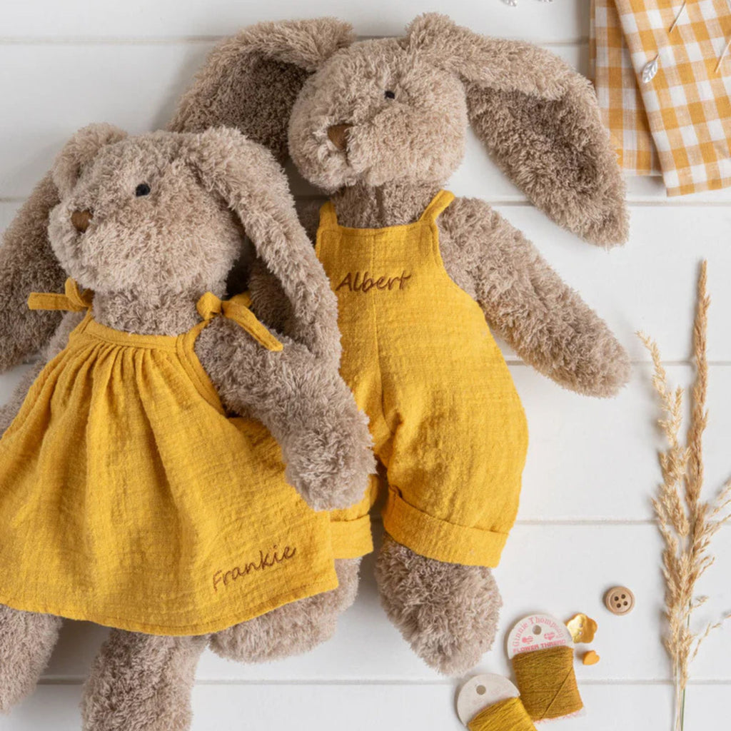 Two  plush toy rabbit with a beige body and long ears, wearing a mustard yellow dress with the text Frankie' embroidered on it. The other wearing overalls with Albert on it