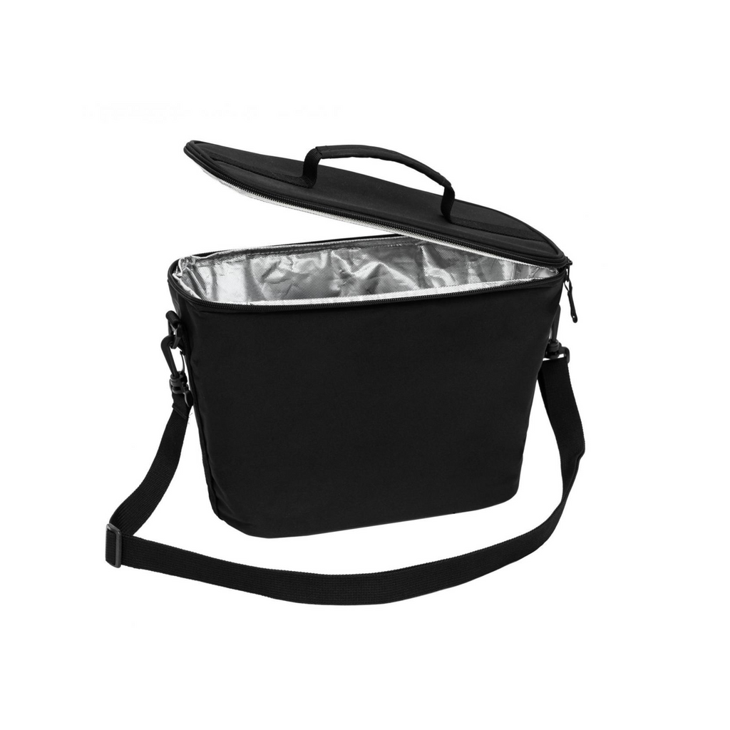 A small black cooler bag with open lid featuring a silver interior lining, top zip closure and thick shoulder strap.
