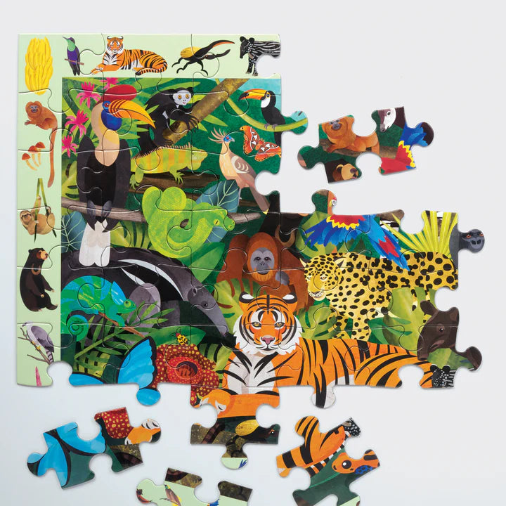 Jungle-themed puzzle with various animals on a white background