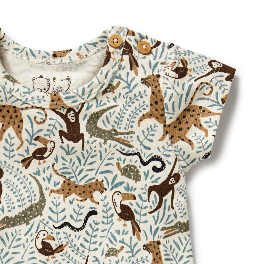 Baby romper with jungle animal pattern on a white background