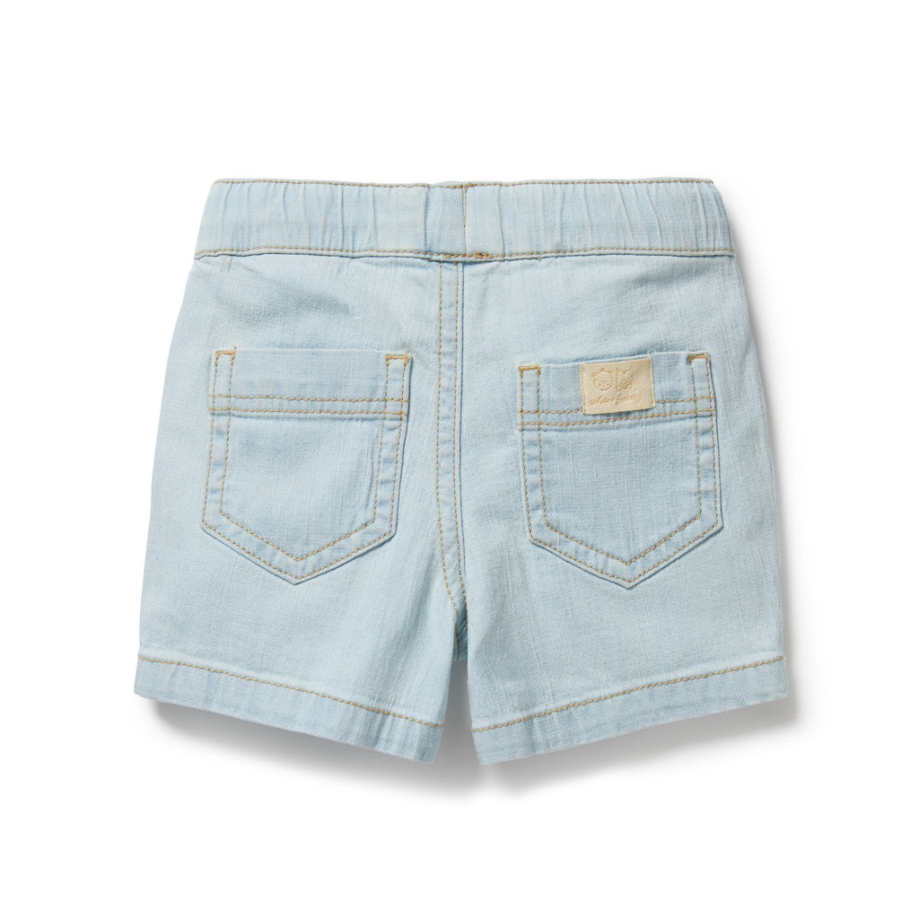 Light blue denim shorts on a white background
