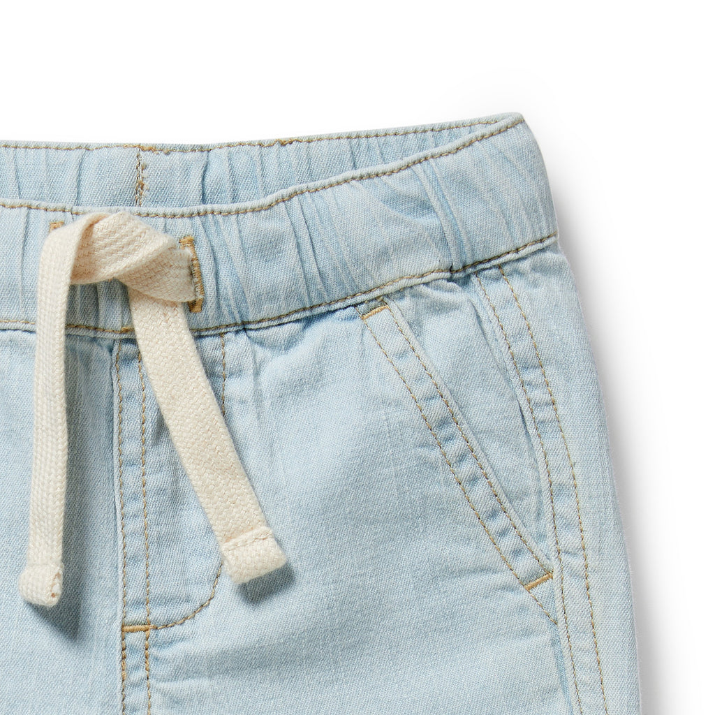 Light blue denim shorts with a drawstring on a white background