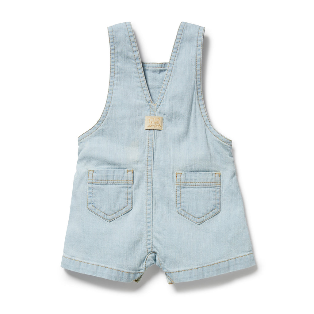 Light blue denim overalls on a white background
