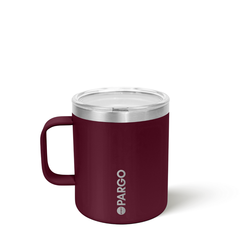 Maroon mug with silver rim and 'Pargo' branding on a white background