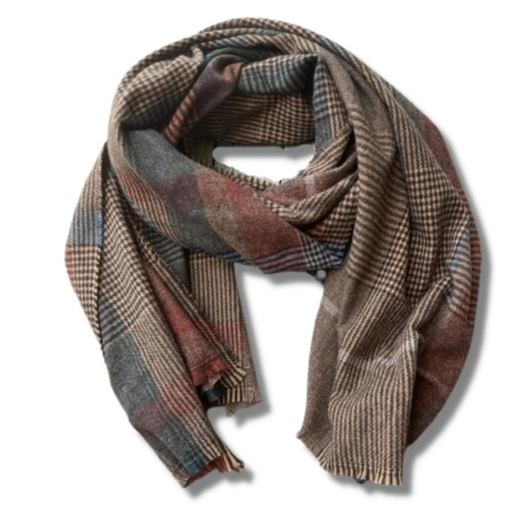 Tweed Scarf in neutral browns, red, blue on a white background