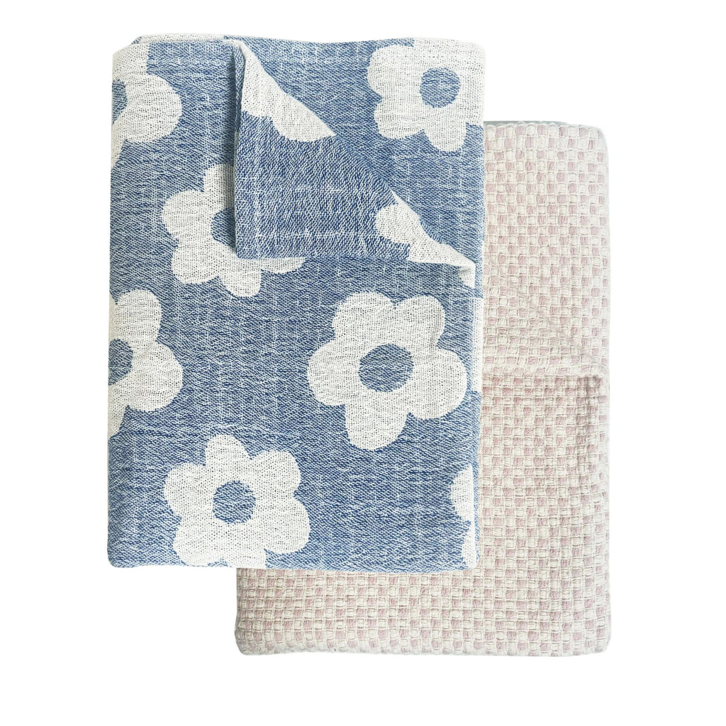 Robert Gordon- 2Pk Tea Towel - Bloom flower print on blue  base and a cream textured teatowel