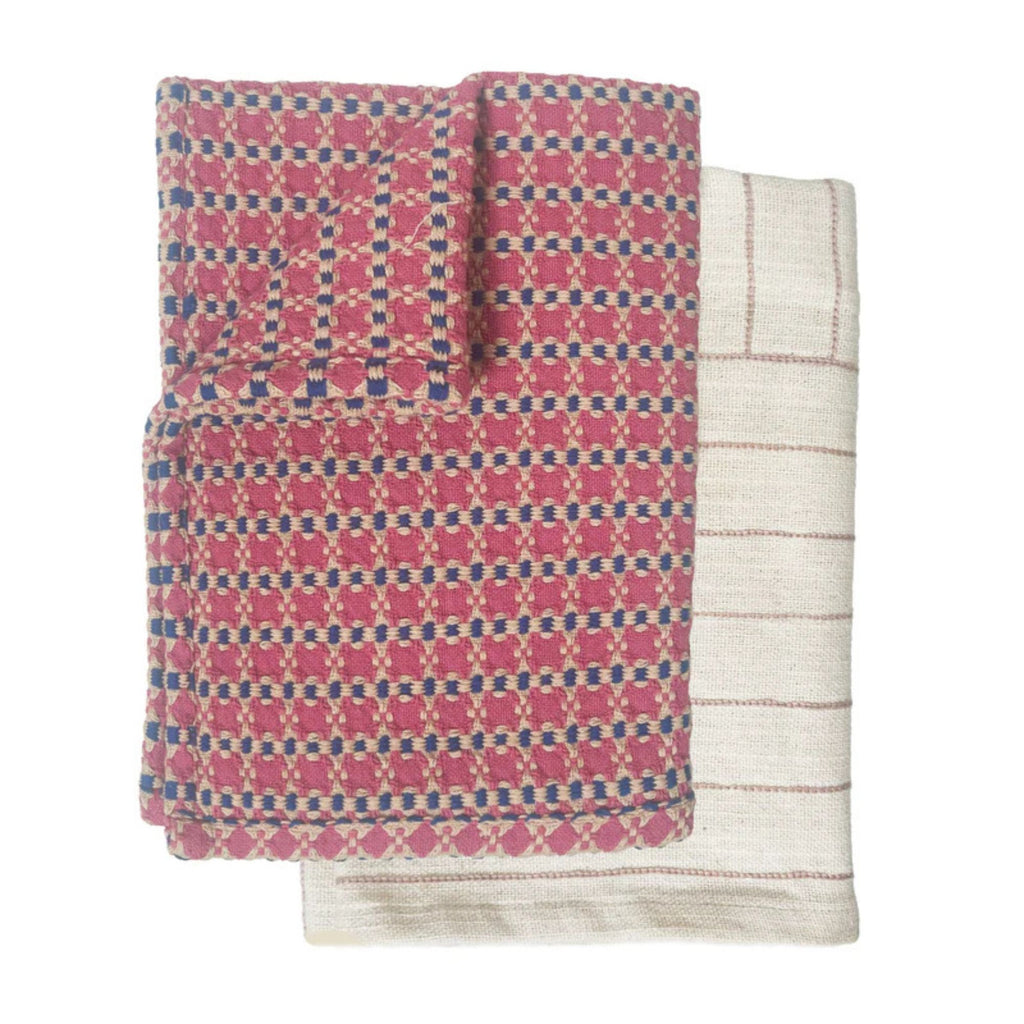 Robert Gordon- Tea Towel 2 Pk - Rose coloured patterned teatowel on top a a cream and brown stripe teatowel