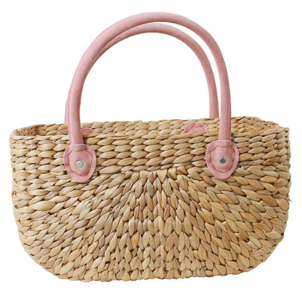 Harvest Basket - Large Rosie woven shopping basket with pink leather handles