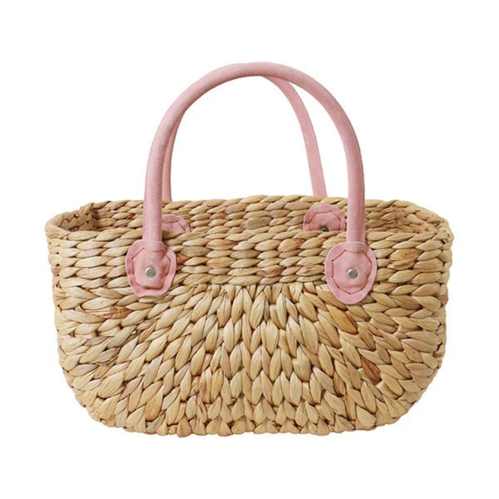 Harvest Basket - Small Rosie. Woven shopping basket with pink leather handles