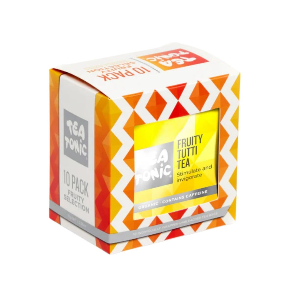 Teabag Box 10 - Fruity Selection. orange, white and yellow box with individual teabags
