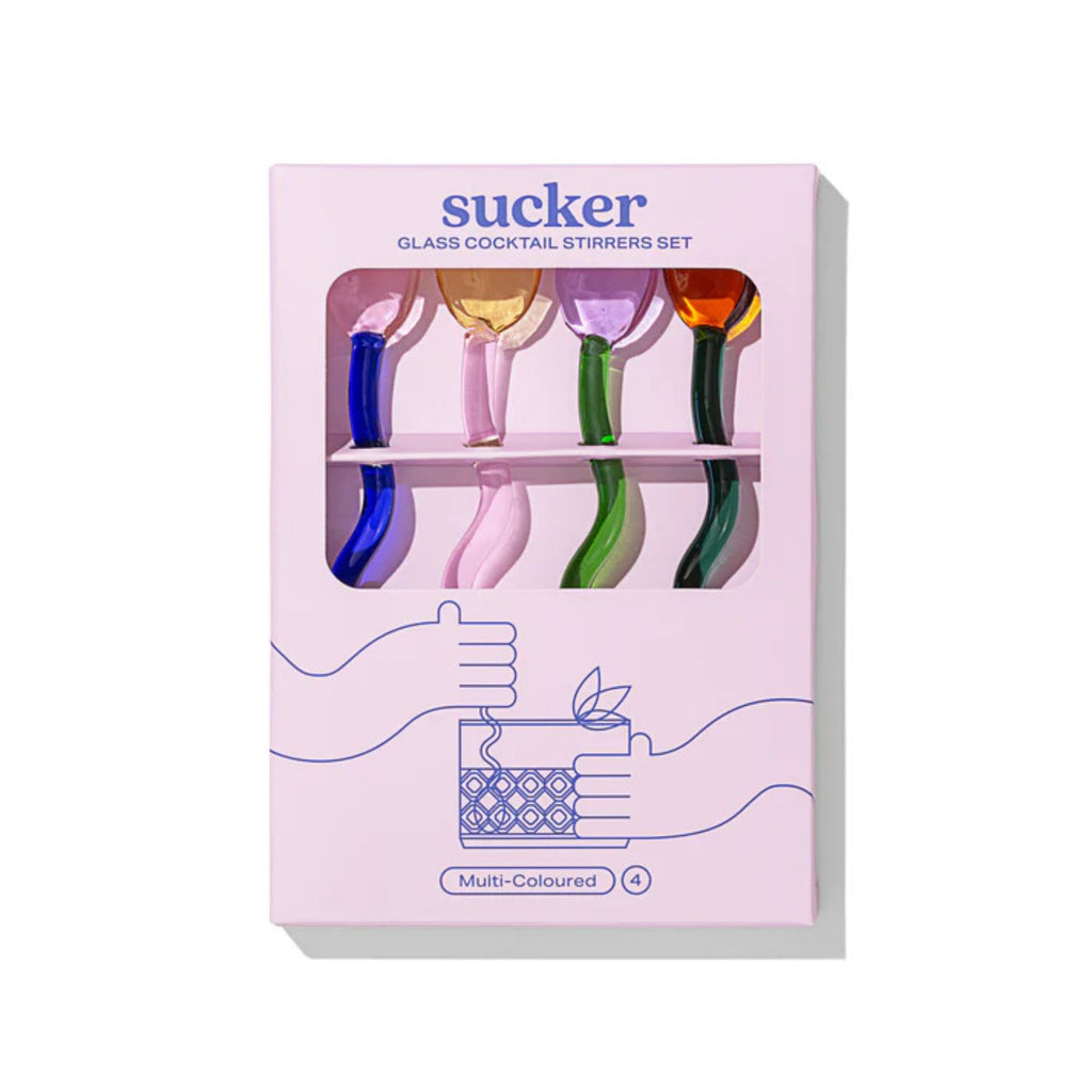 Set of colorful glass cocktail stirrers in packaging with 'sucker' branding on a white background.
