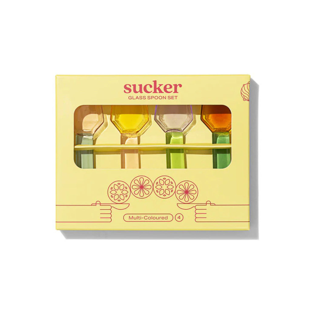 Sucker glass spoon set packaging on a white background