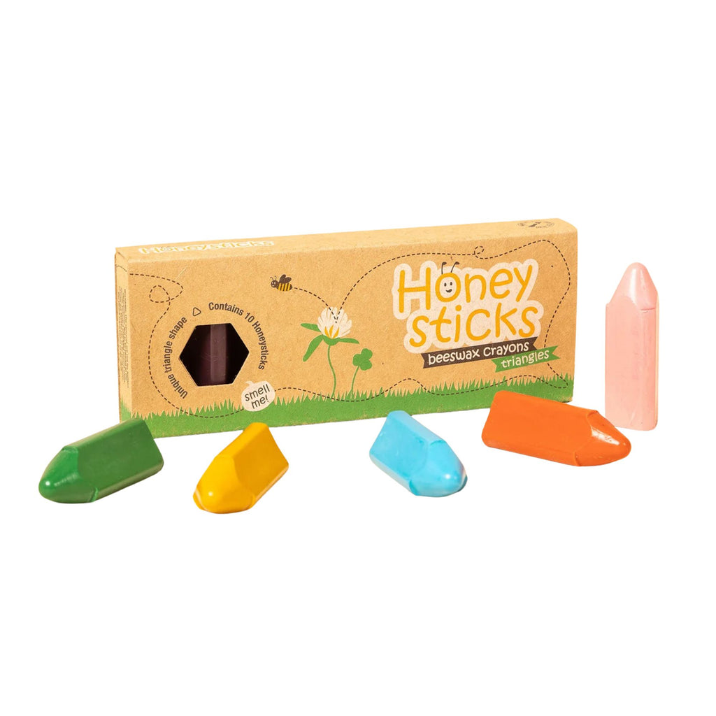 Box of Honey Sticks beeswax crayons with colorful crayons displayed in front on a white background.