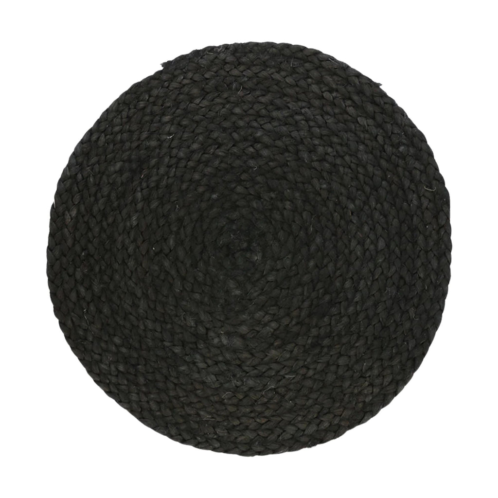 Black woven round mat on a white background