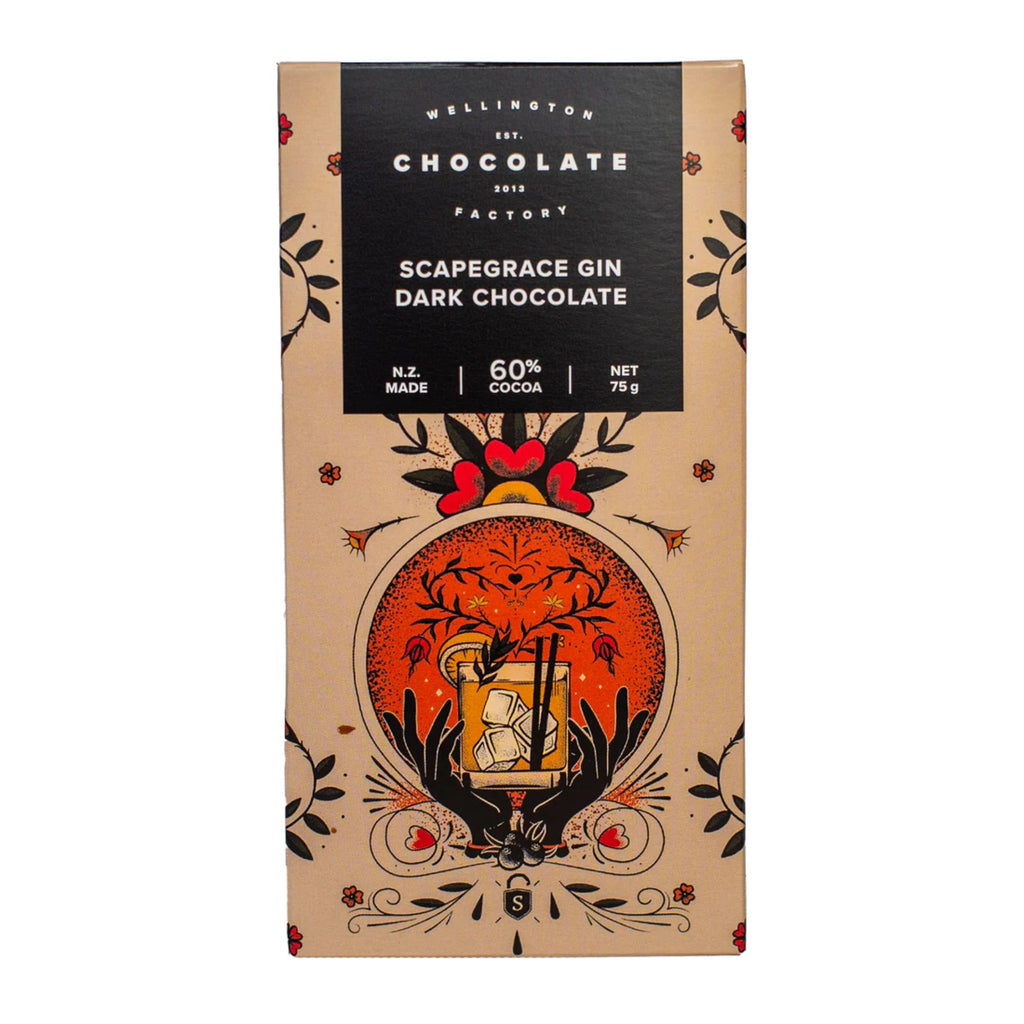 Wellington Chocolate Factory chocolate black with red and orange artwork on the packet