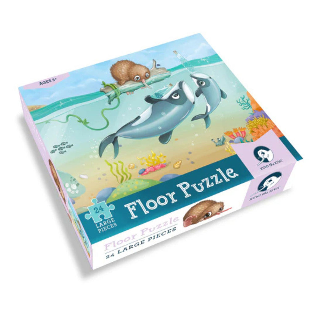 Floor puzzle packaging with dolphins and sea creatures on a colorful background