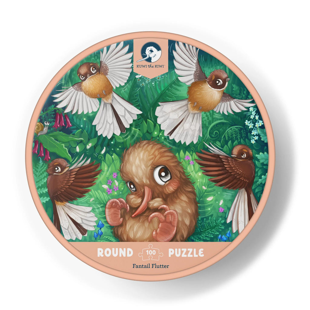 Round puzzle box with bird illustrations on a white background