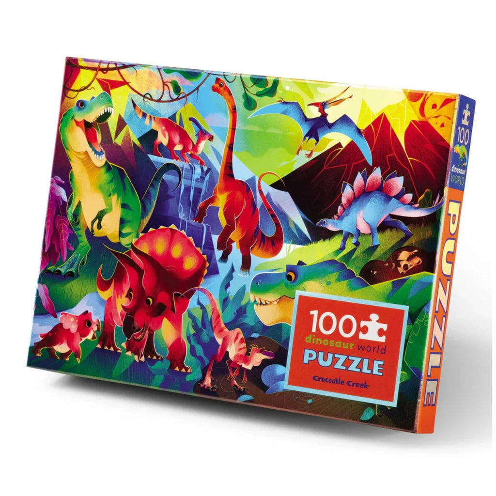 Colorful dinosaur-themed puzzle box with various dinosaurs on a white background