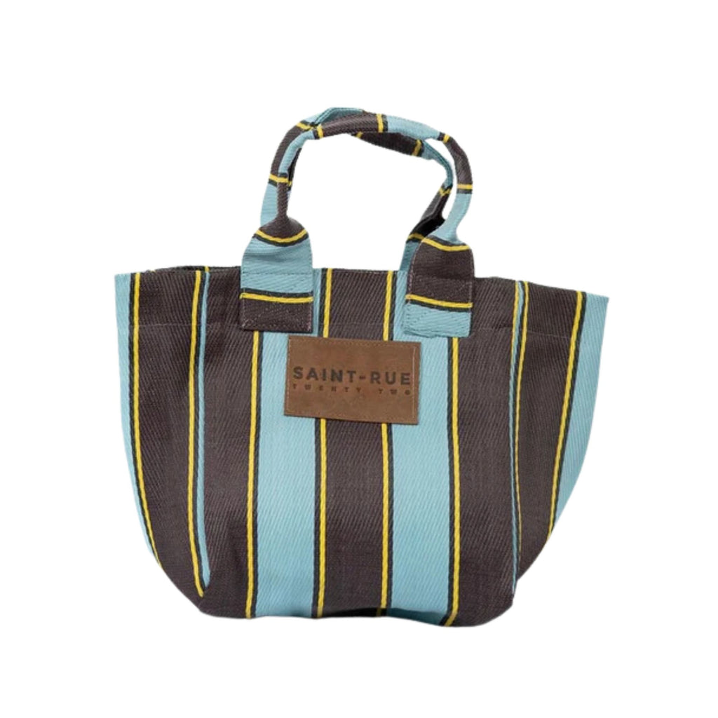 Striped tote bag with 'Saint Rue' label on a white background