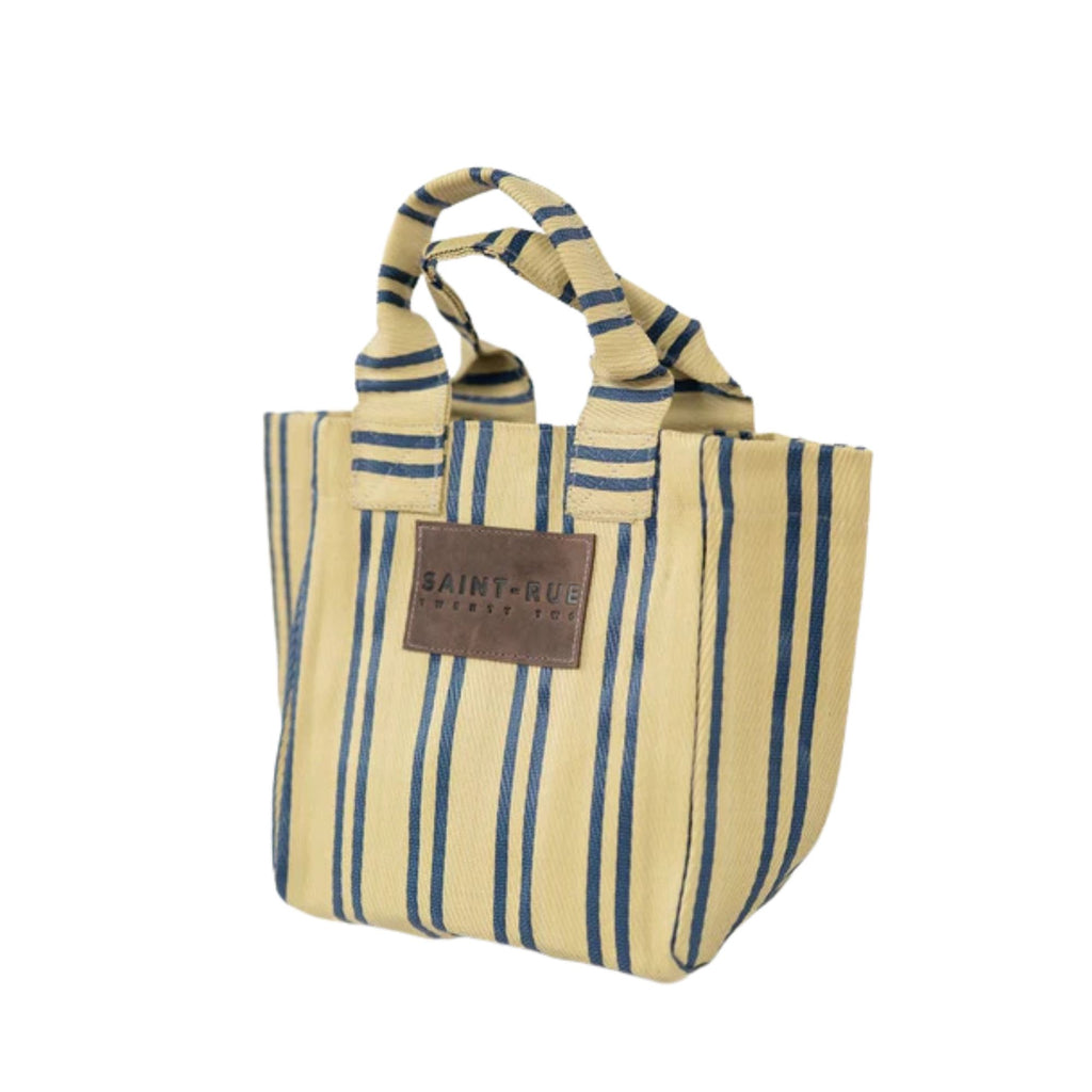 Striped tote bag with a brand logo on a white background