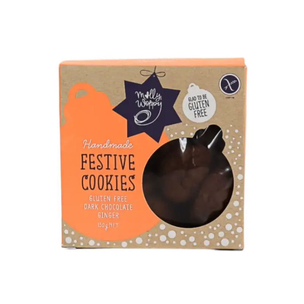 Box of Molly Woppy handmade festive cookies with a gluten-free label on a white background