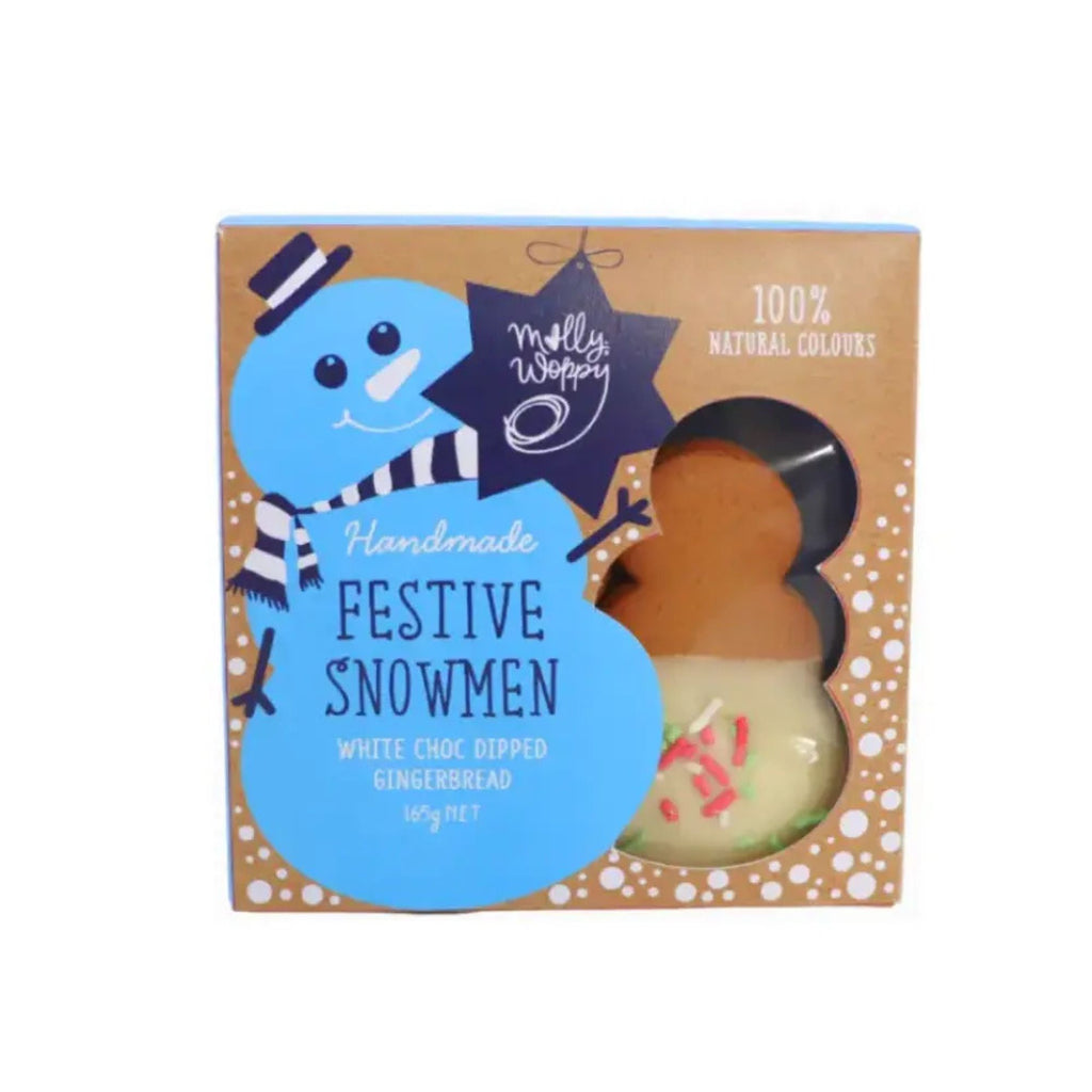Packaging of Molly Woppy festive snowmen with a blue snowman figure and gingerbread man on a brown background.