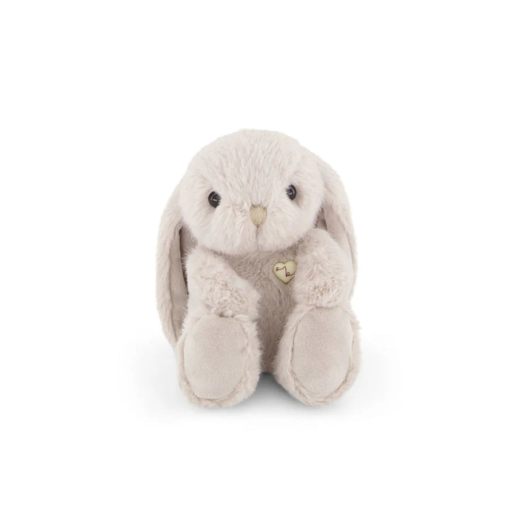 Stuffed bunny toy with a heart tag on a white background