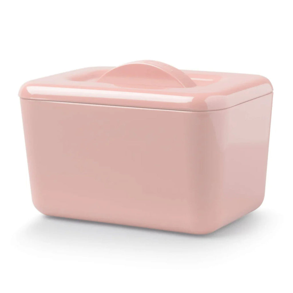 Pink ceramic butter box on a white background