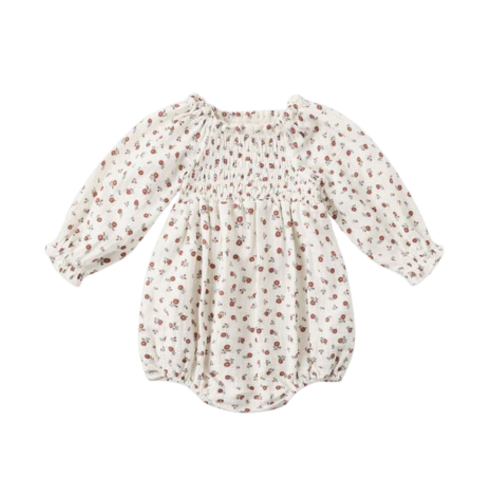 Baby romper with floral pattern on a white background