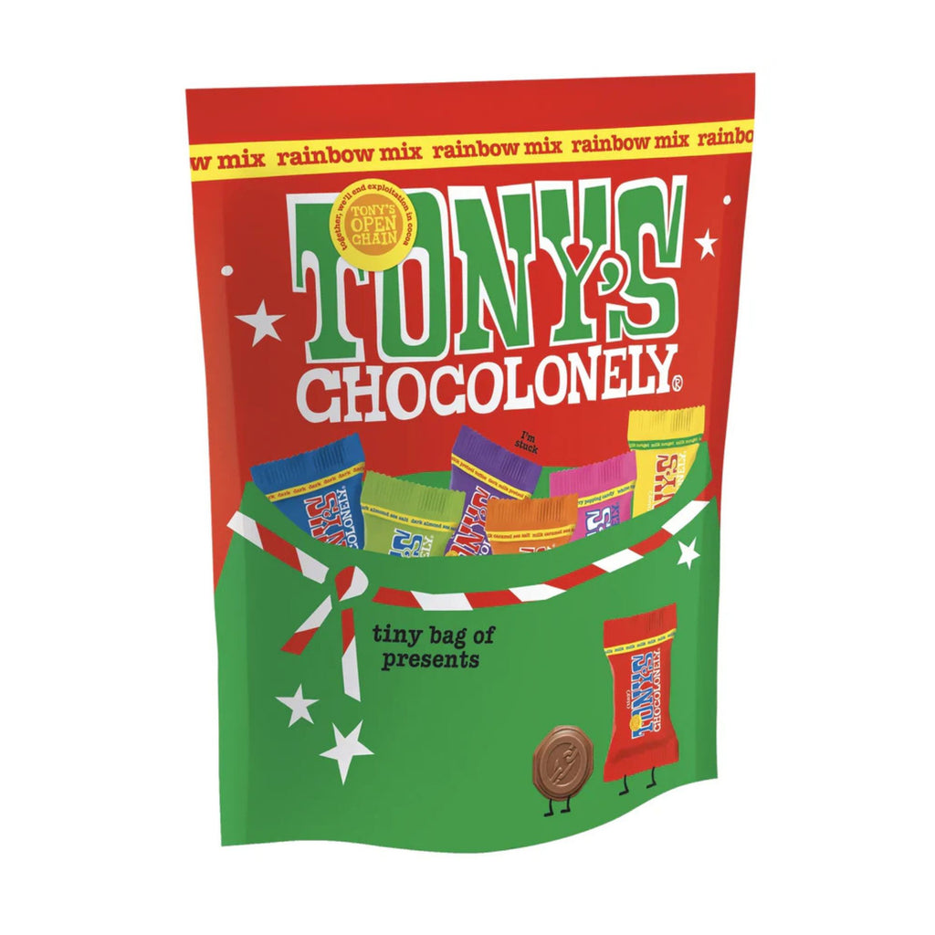 Tony's Chocolonely rainbow mix packaging on a white background