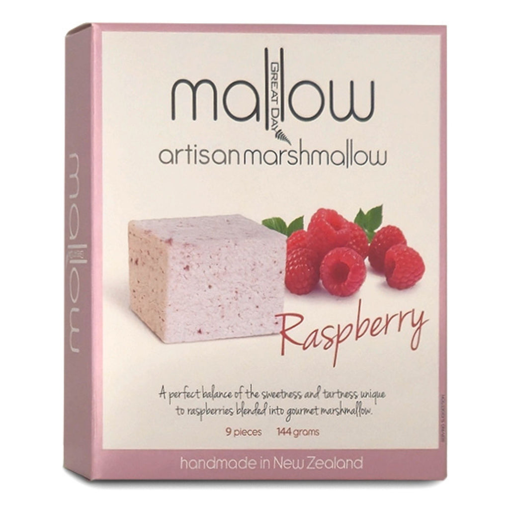 Box of raspberry marshmallows with branding and product details.