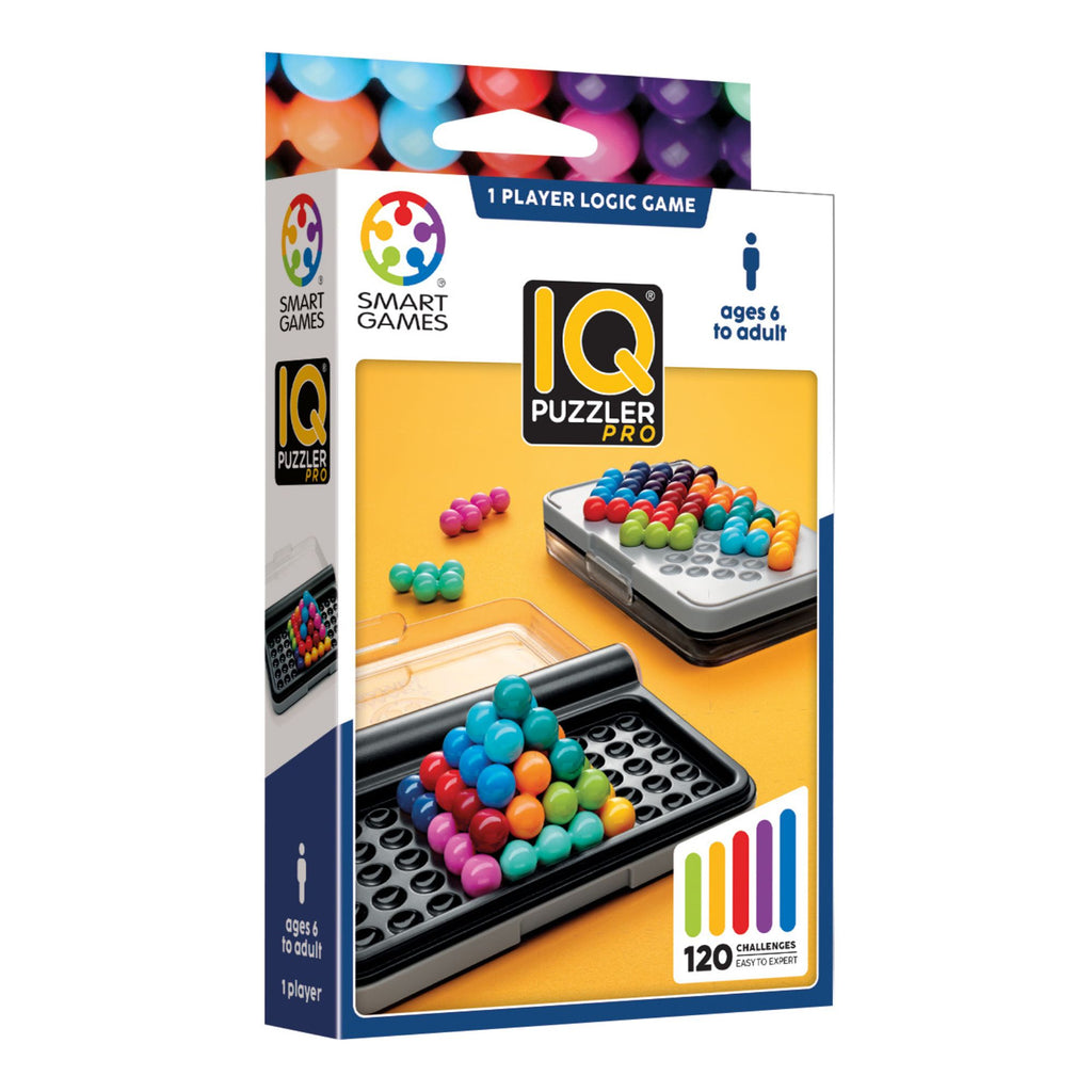 IQ Puzzler Pro packaging by Smart Games with colorful puzzle pieces on a white background