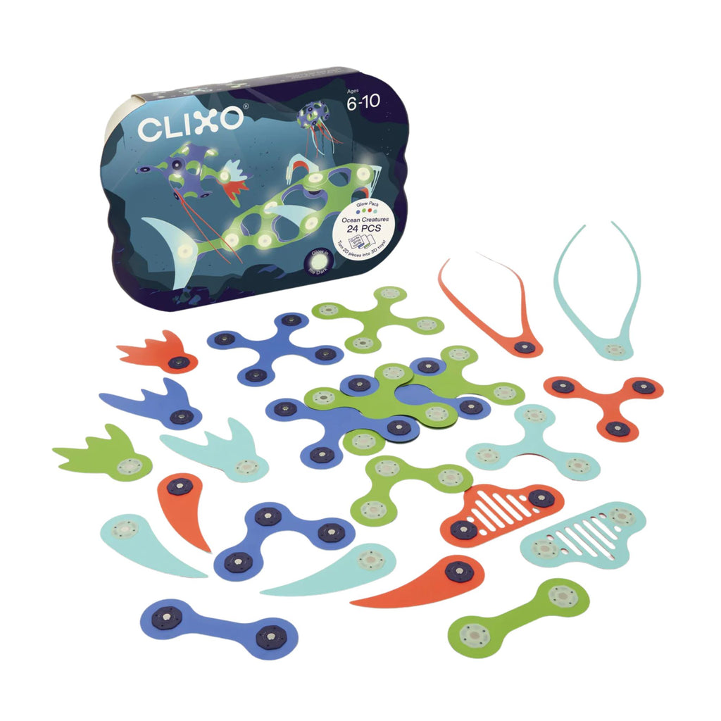 Set of colorful interlocking foam pieces with packaging labeled 'CLIXO' on a white background
