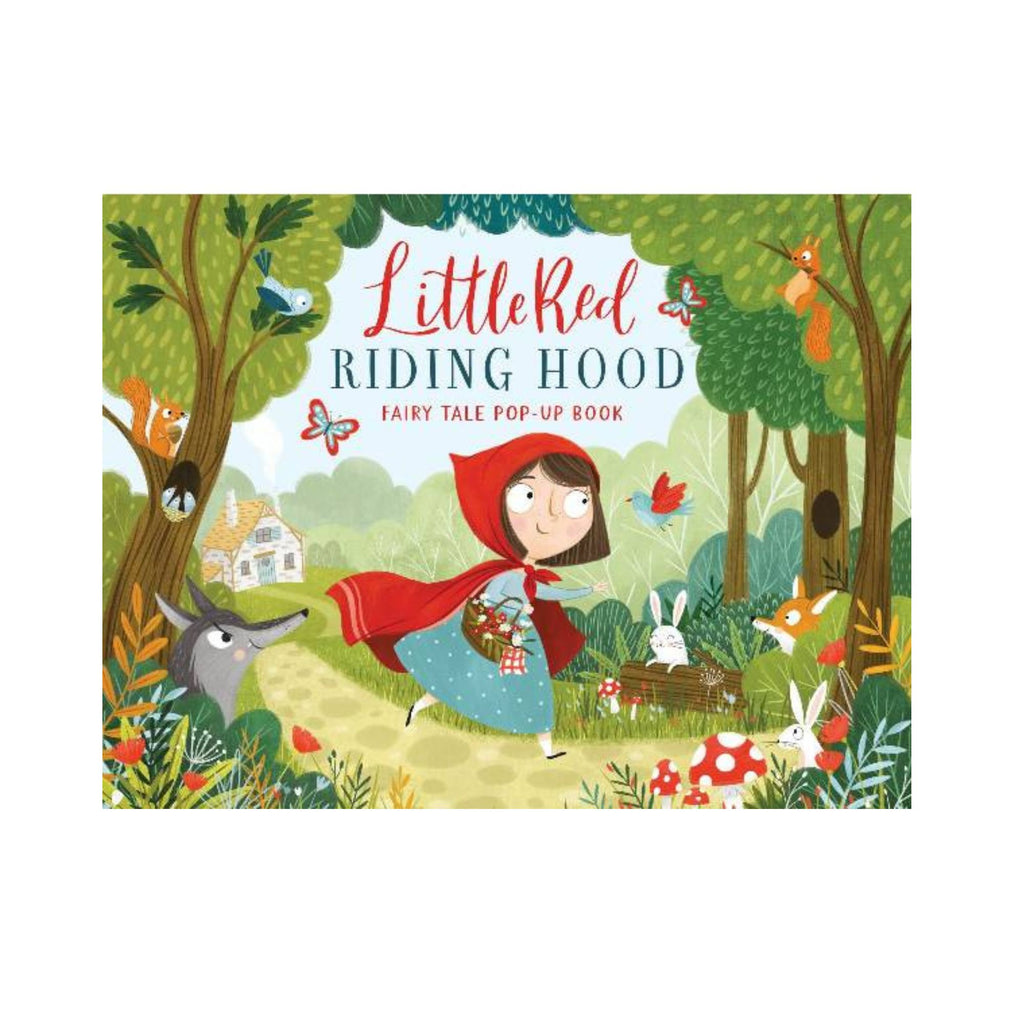 Book cover of 'Little Red Riding Hood' fairy tale pop-up book with colorful illustration of a girl in a red cape in a forest.