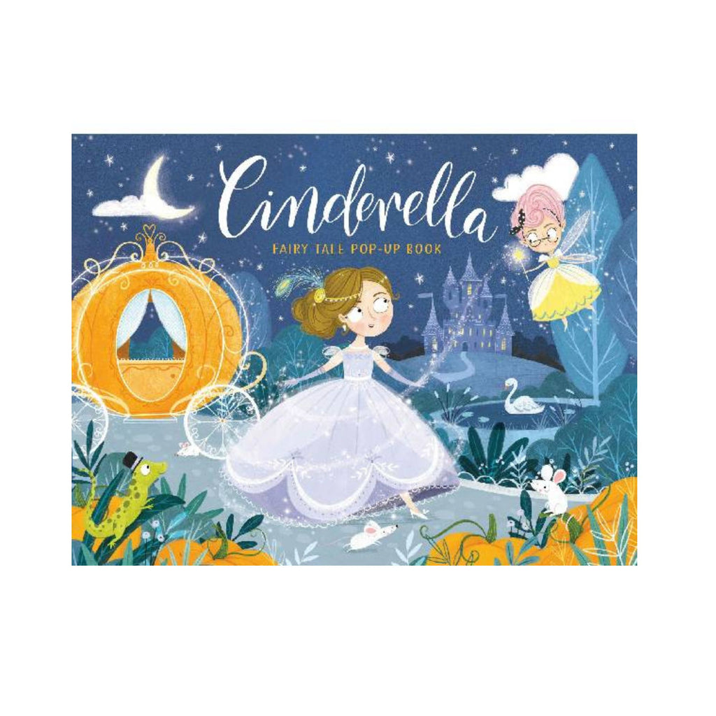 Cinderella fairy tale pop-up book cover with princess, fairy, and pumpkin coach.
