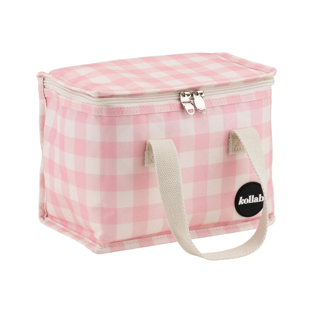 zipped up Light pink and white checked lunch box with white straps and kollab branding