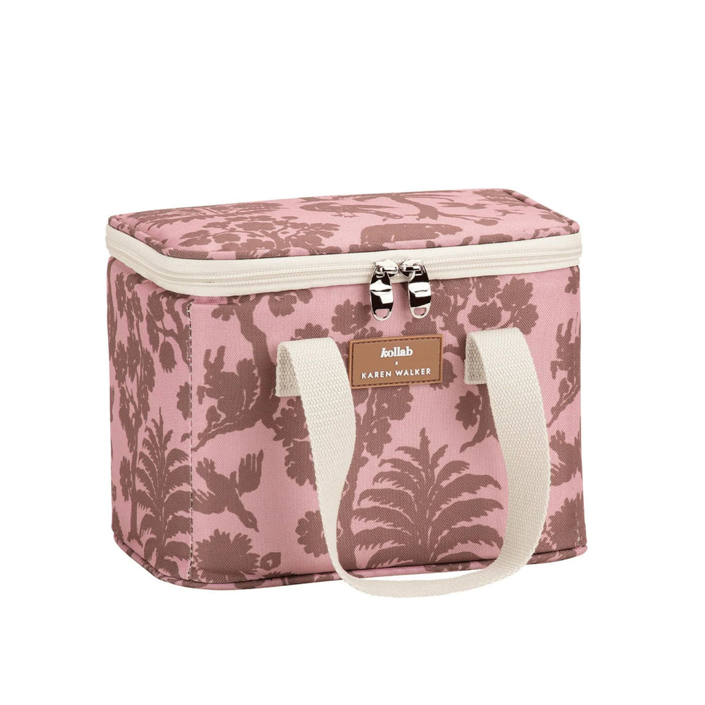 Pink floral patterned cooler bag with a visible brand label on a white background