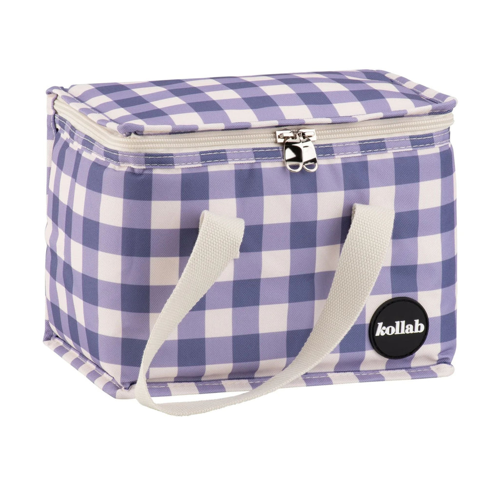 zipped up Light purple and white checked lunch box with white straps and kollab branding