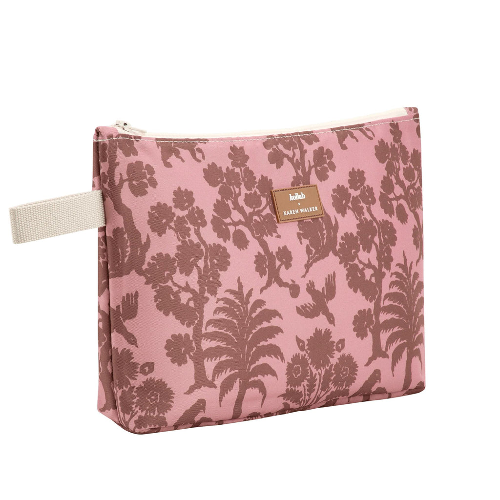 Floral-patterned pouch with a visible brand label on a white background