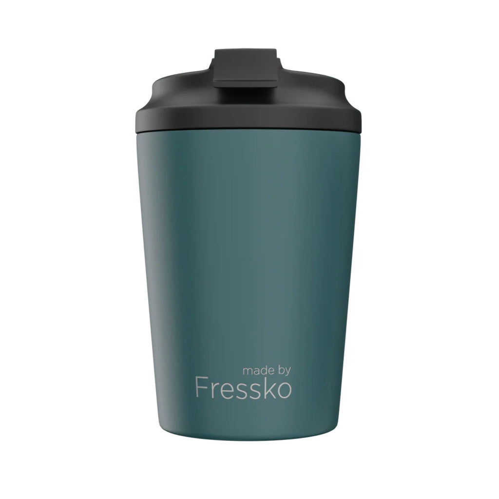 Teal tumbler with black lid on a white background, branded 'made by Fressko'.