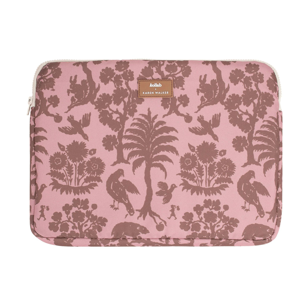 Pink LAPTOP case with brown floral and bird pattern on a white background
