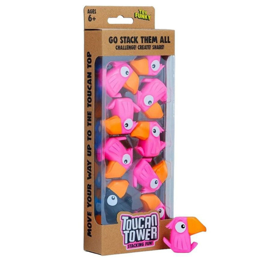 Packaged toucan toys with a cardboard box on a white background