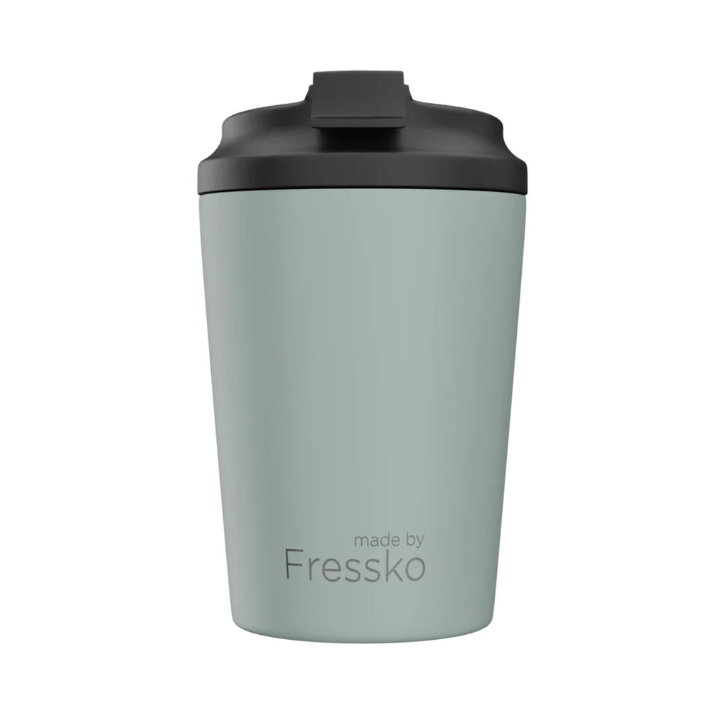 Light gray tumbler with black lid on a white background, branded 'made by Fressko'.