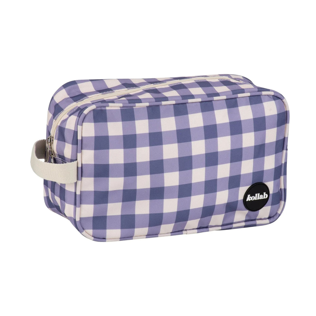 Light purple and white check toilet bag with kollab branding and a white handle