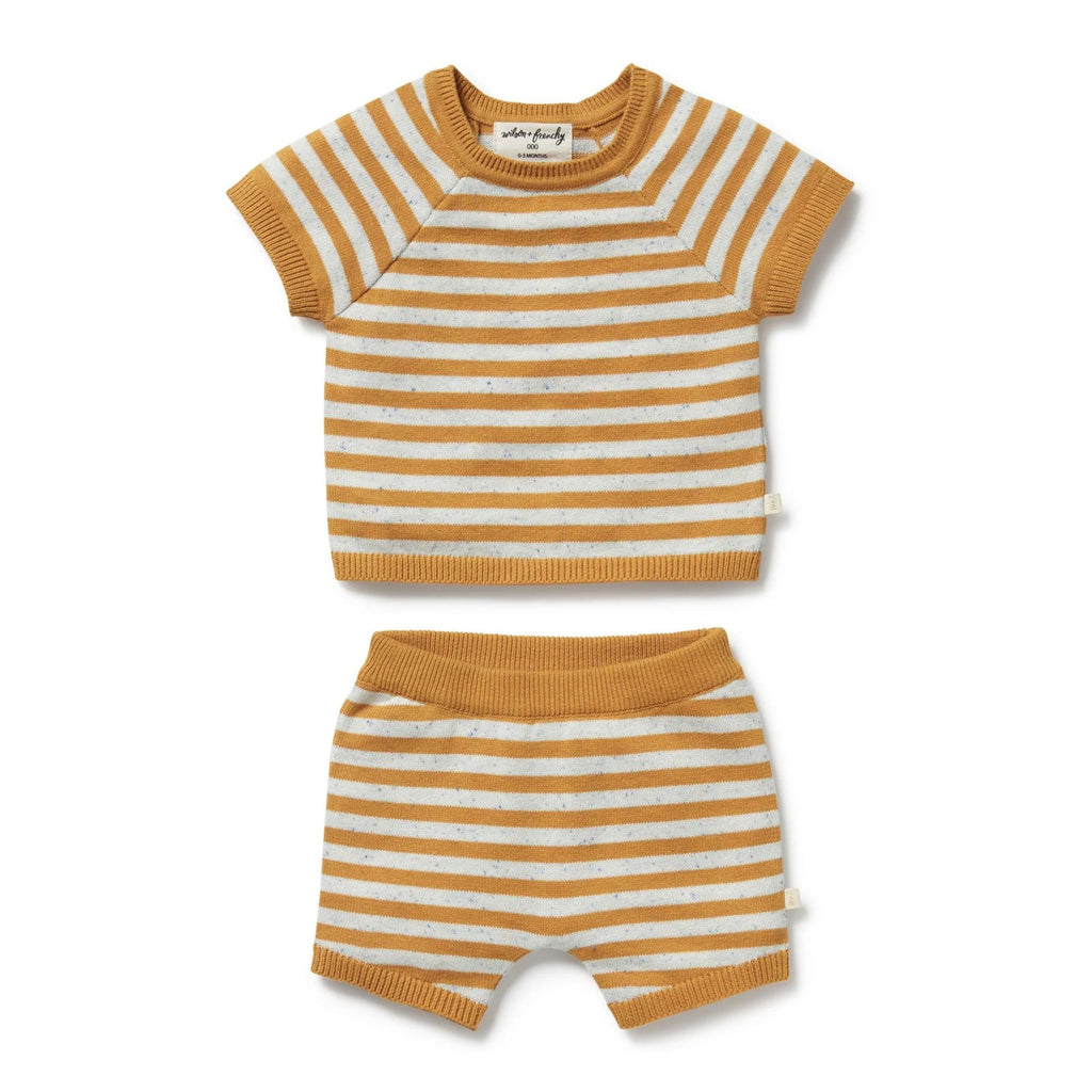 Striped baby outfit with short-sleeve top and shorts on a white background