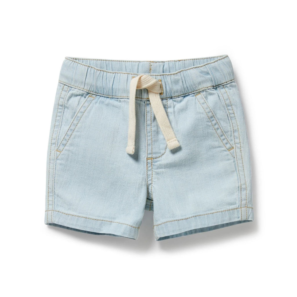 Light blue denim shorts with a drawstring on a white background