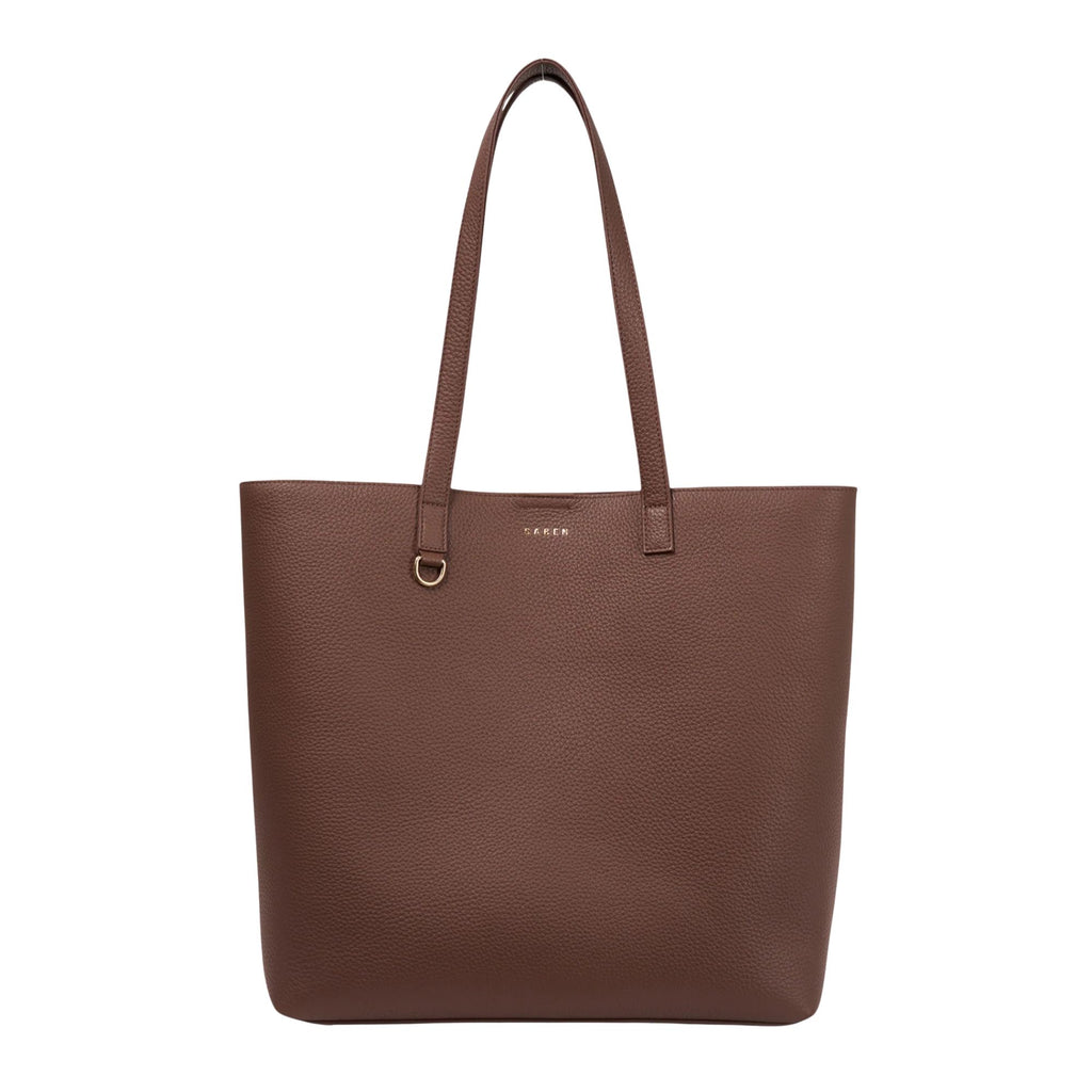 Brown leather tote bag on a white background