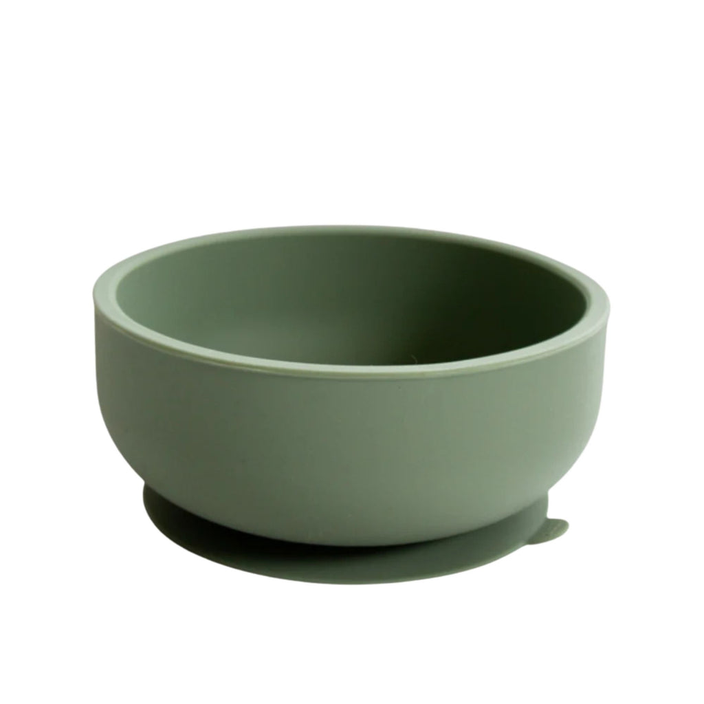 Green bowl with suction cup on a white background