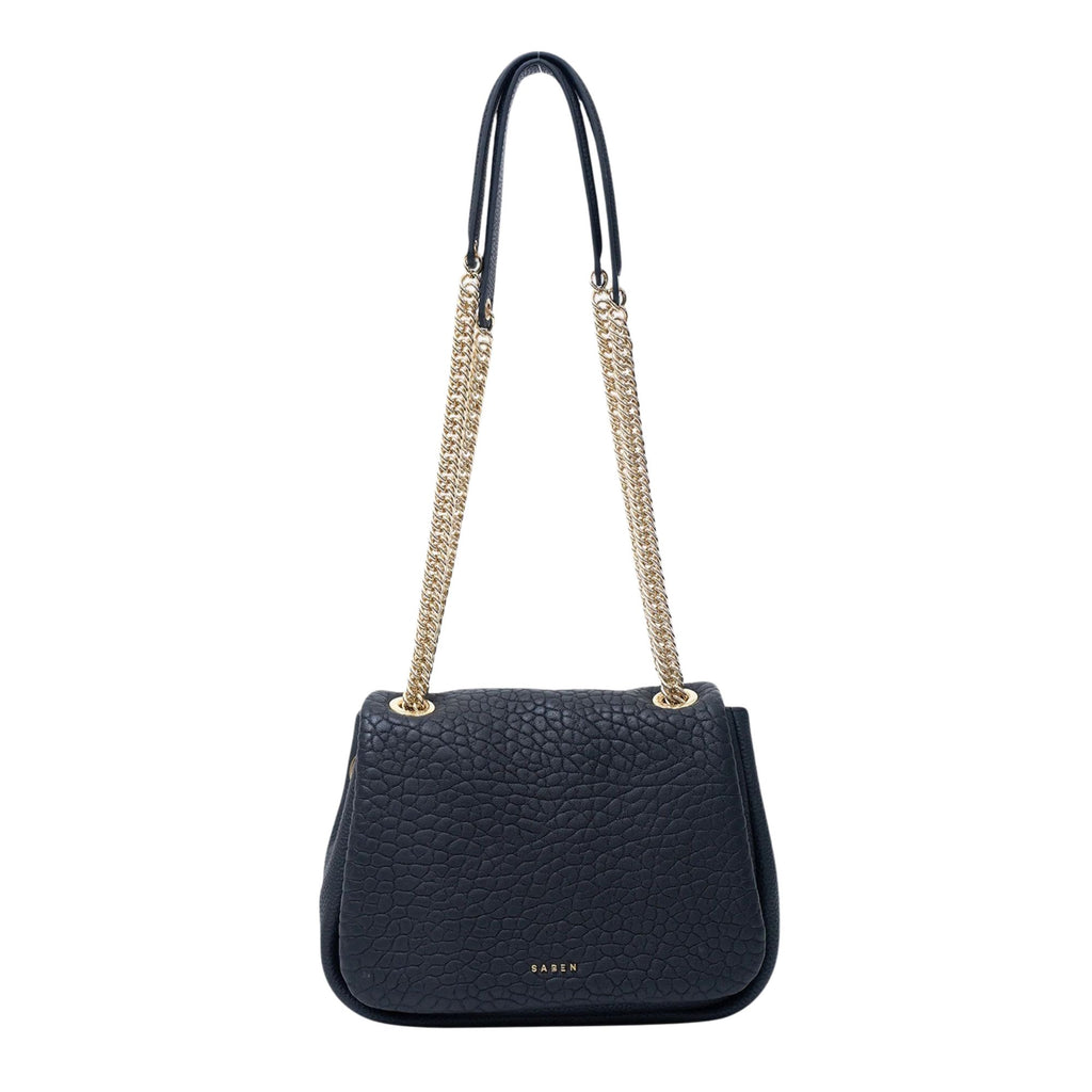 Black handbag with a chain strap on a white background